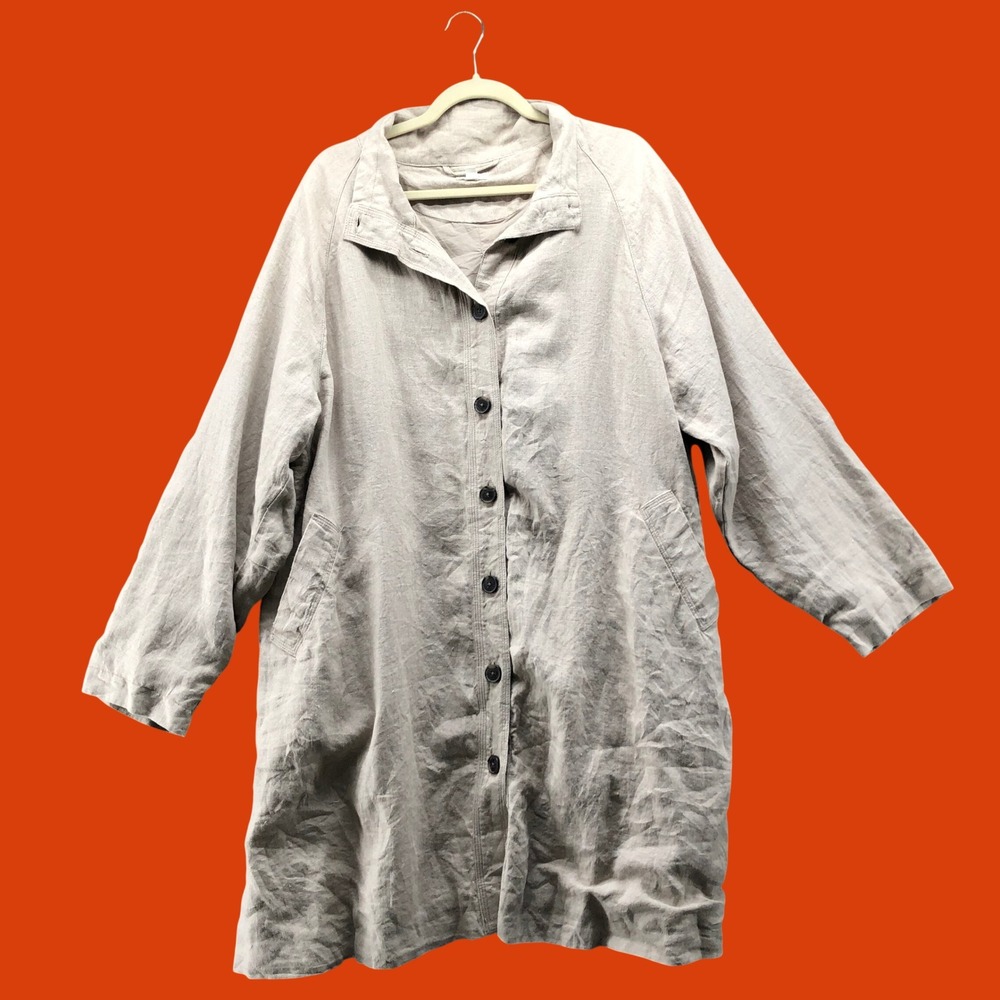Garnet Hill Natural Beige 100% Linen Long Button Front Duster Coat Womens 18